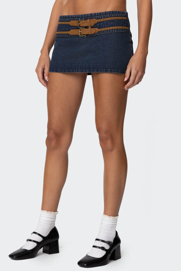 Edikted Sky Double Buckle Denim Mini Skort Blue
