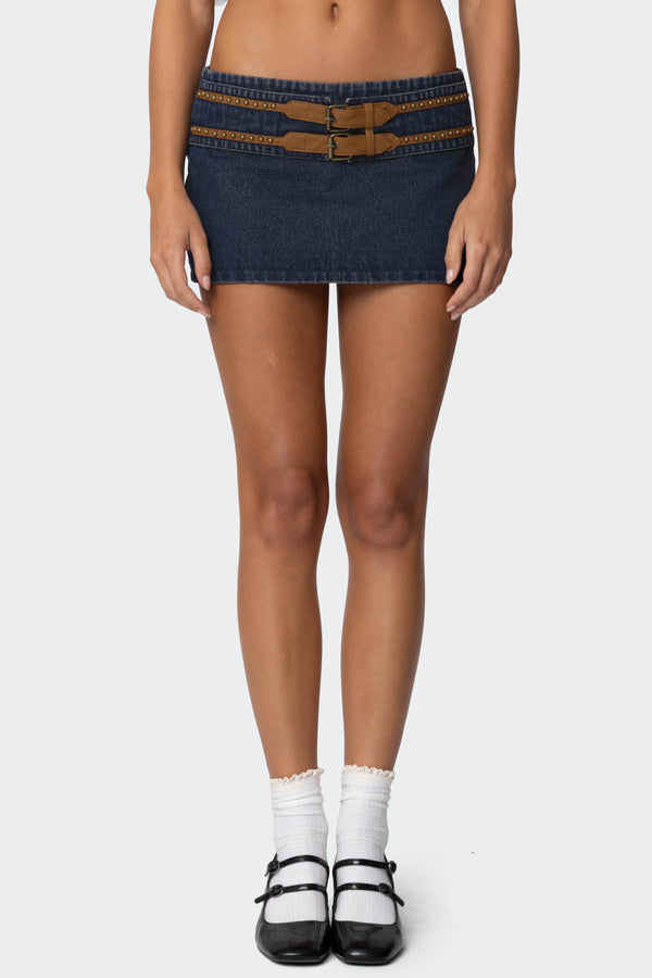 Edikted Sky Double Buckle Denim Mini Skort Blue