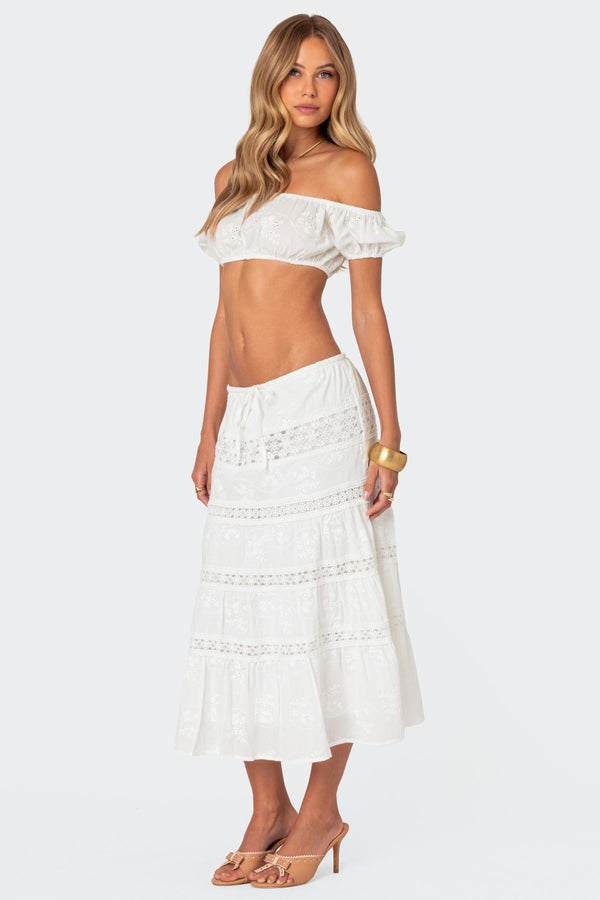 Edikted Skye Off Shoulder Eyelet Crop Top White