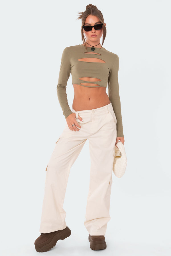 Edikted Slashed Crop Top Olive