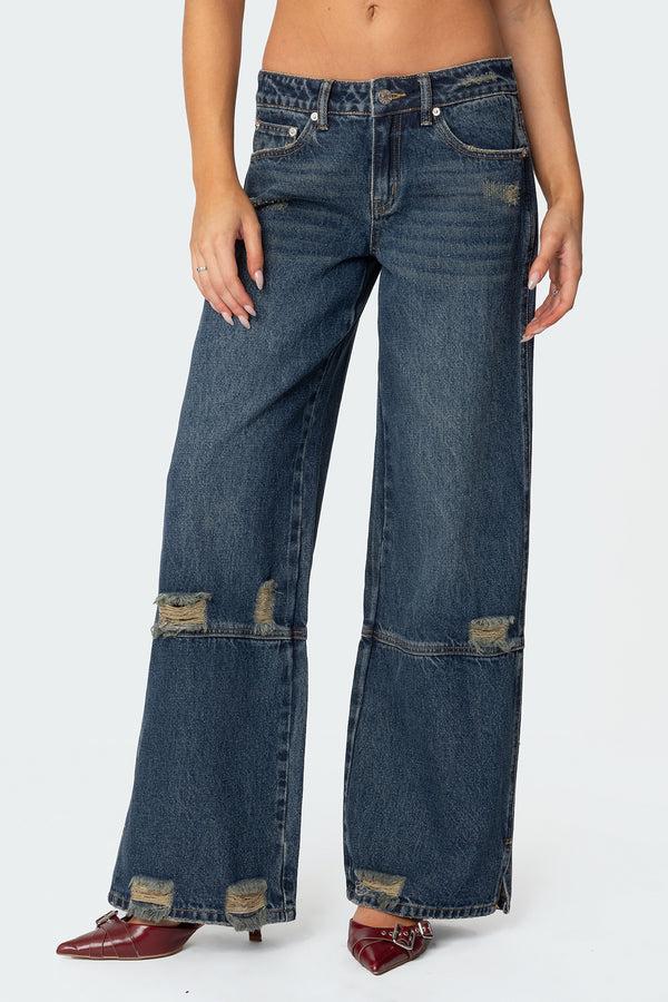 Edikted Slitted Distressed Low Rise Jeans Blue