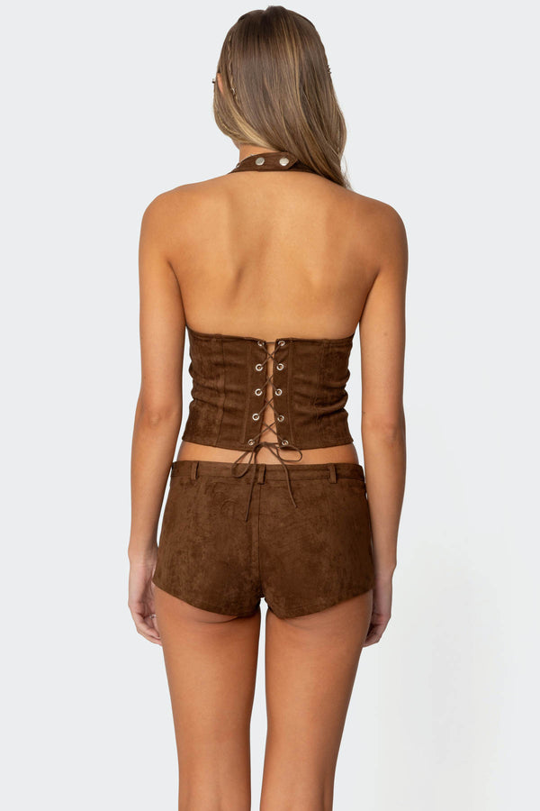 Edikted Sloane Faux Suede Halter Top Brown