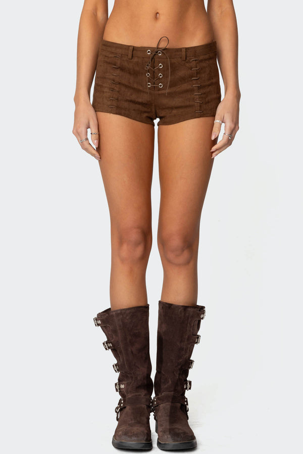 Edikted Sloane Faux Suede Micro Shorts Brown