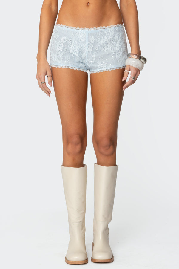Edikted Sloaney Lace Micro Shorts Light Blue