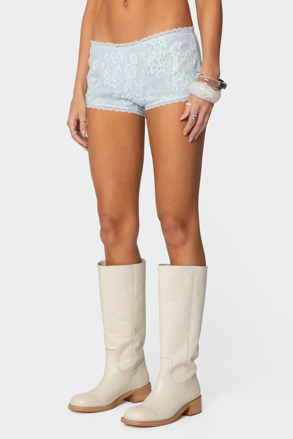 Edikted Sloaney Lace Micro Shorts Light Blue