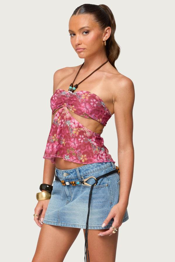 Edikted Solana Floral Cut Out Halter Top Pink