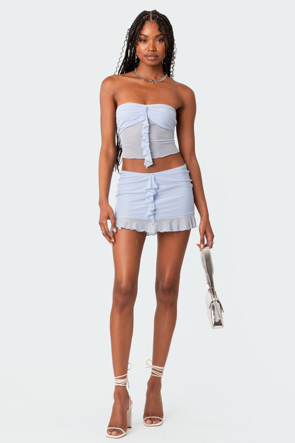 edikted Solange Ruffle Mesh Mini Skirt blue