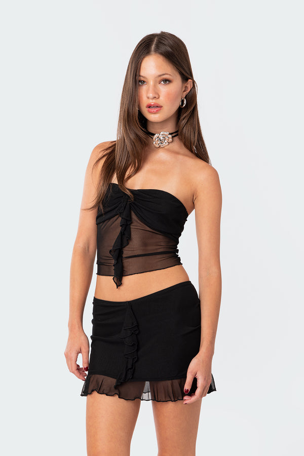 Edikted Solange Ruffle Mesh Tube Top Black