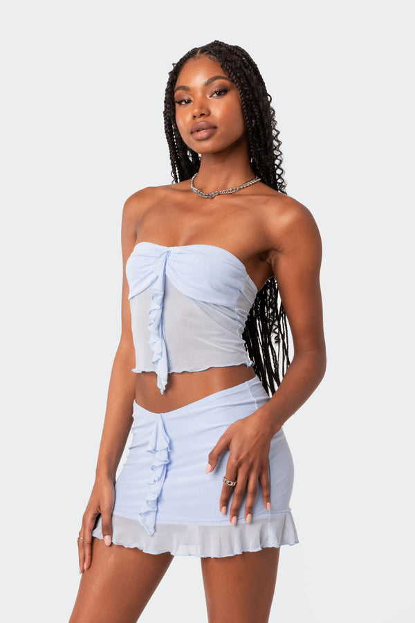 Edikted Solange Ruffle Mesh Tube Top Blue
