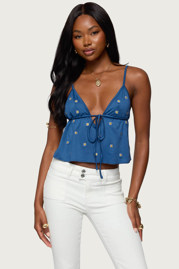 edikted Soleil Embroidered Open Back Top blue