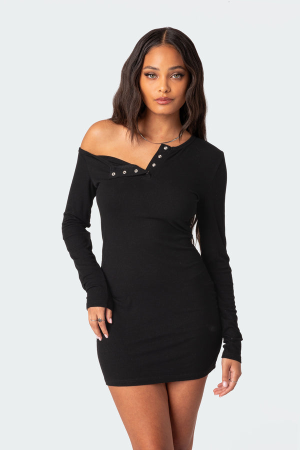 Edikted Soleste Ribbed Mini Dress Black