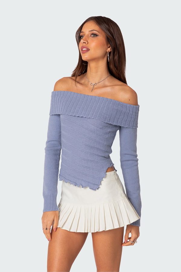 Edikted Sonya Fold Over Knit Top Blue