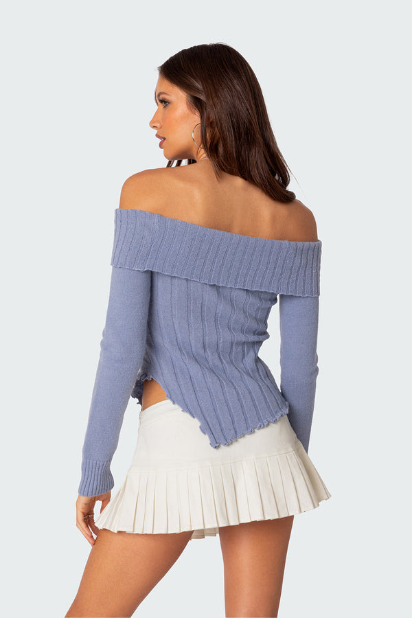 Edikted Sonya Fold Over Knit Top Blue