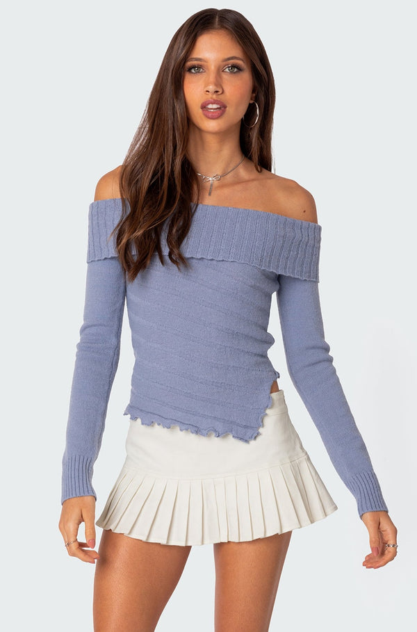 edikted Sonya Fold Over Knit Top blue