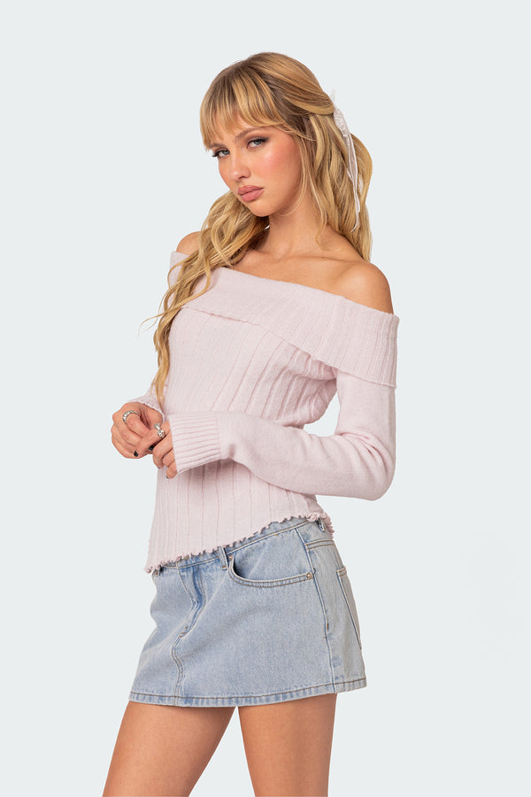 Edikted Sonya Fold Over Knit Top Light Pink
