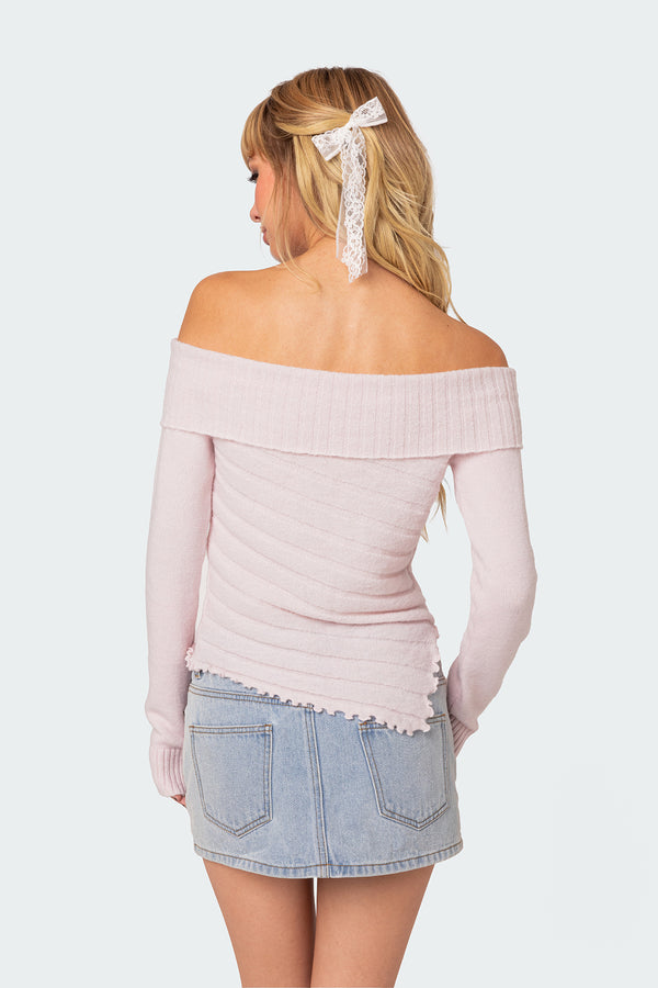 Edikted Sonya Fold Over Knit Top Light Pink