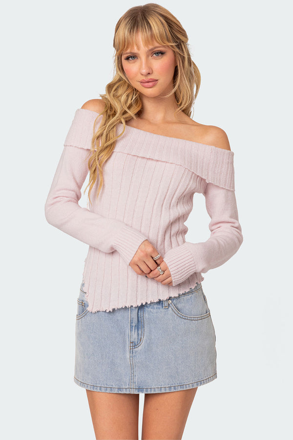 edikted Sonya Fold Over Knit Top light pink