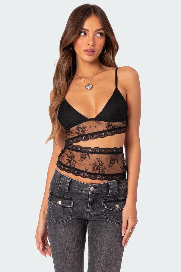 edikted Spice Cut Out Sheer Lace Tank Top black