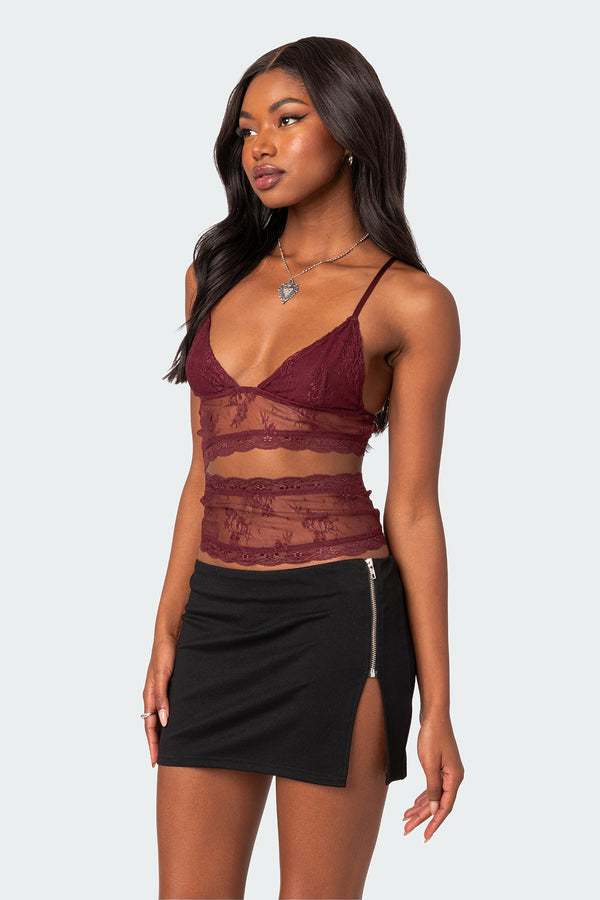 Edikted Spice Cut Out Sheer Lace Tank Top Burgundy