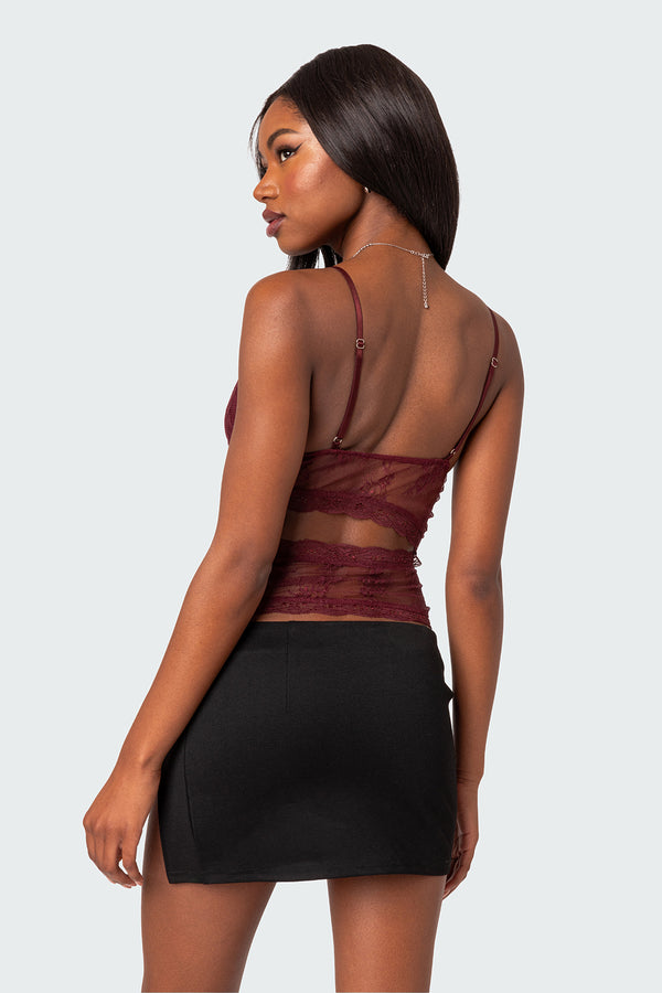 Edikted Spice Cut Out Sheer Lace Tank Top Burgundy