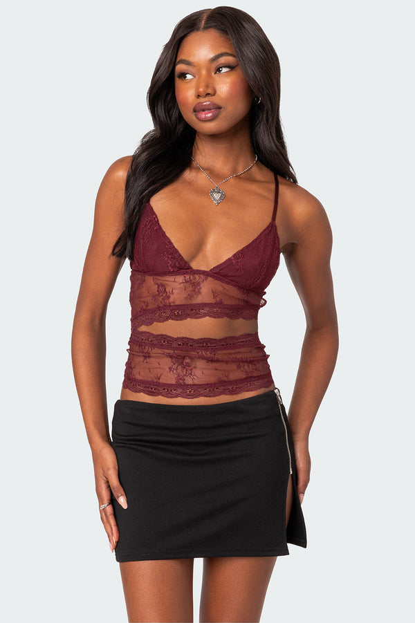 edikted Spice Cut Out Sheer Lace Tank Top burgundy