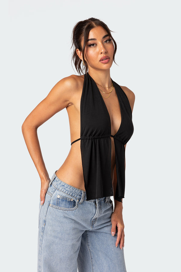 Edikted Split Front Halter Top Black