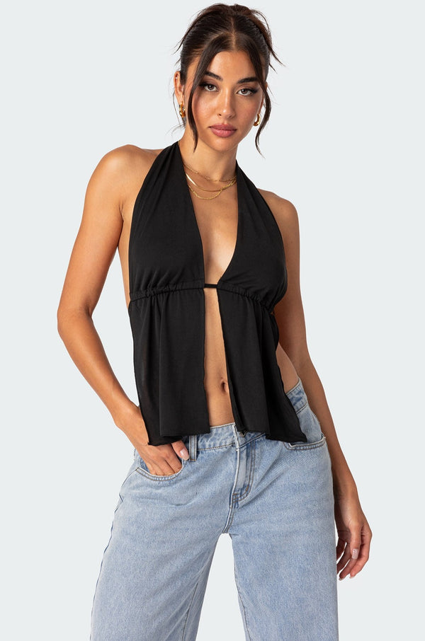 edikted Split Front Halter Top black