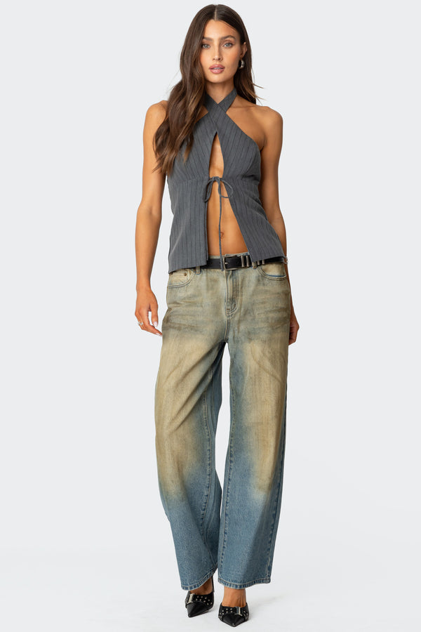 Edikted Split Front Pinstripe Halter Top Gray