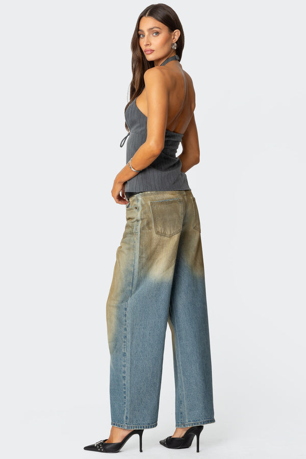 Edikted Split Front Pinstripe Halter Top Gray