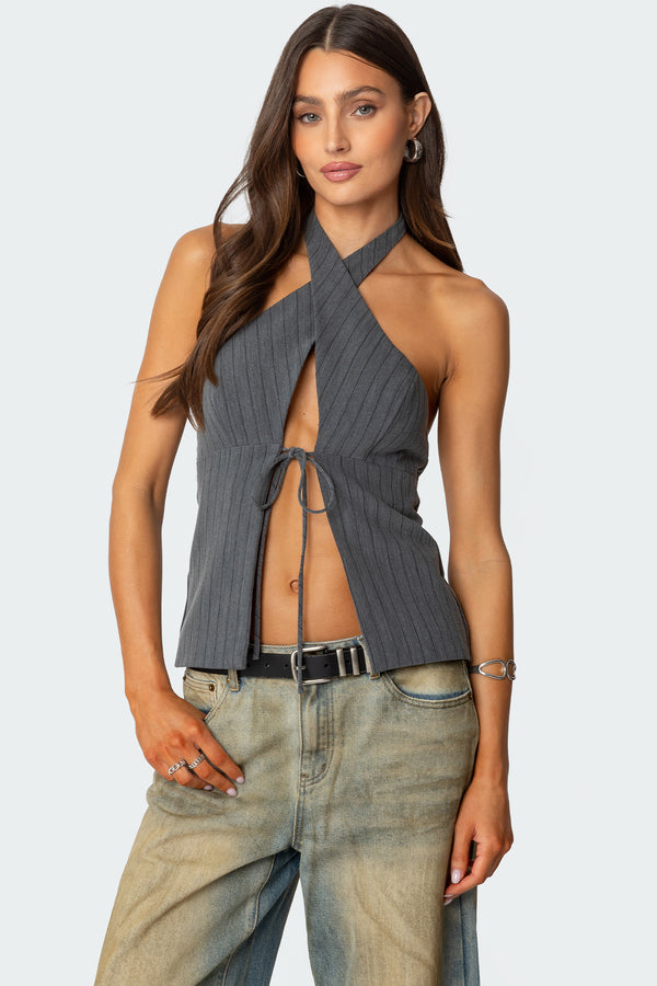 edikted Split Front Pinstripe Halter Top gray