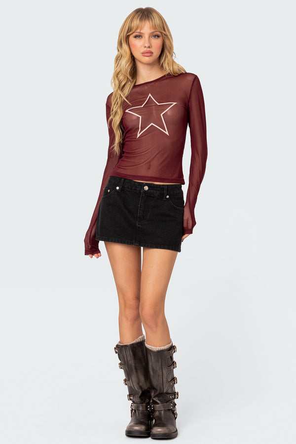 Edikted Stargaze Sheer Mesh Top Burgundy