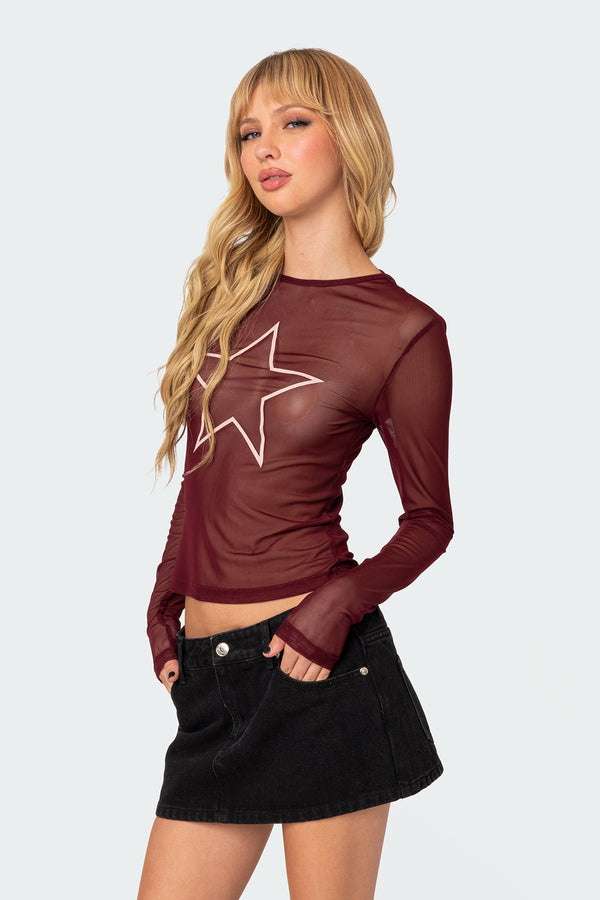 Edikted Stargaze Sheer Mesh Top Burgundy