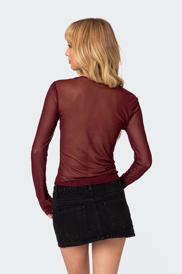 Edikted Stargaze Sheer Mesh Top Burgundy