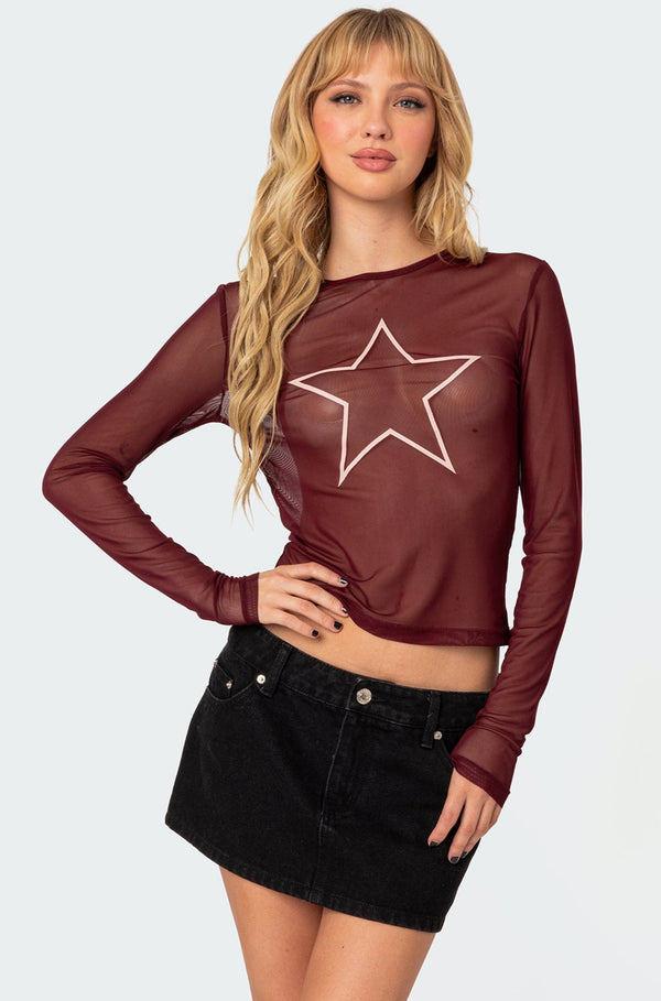 edikted Stargaze Sheer Mesh Top burgundy
