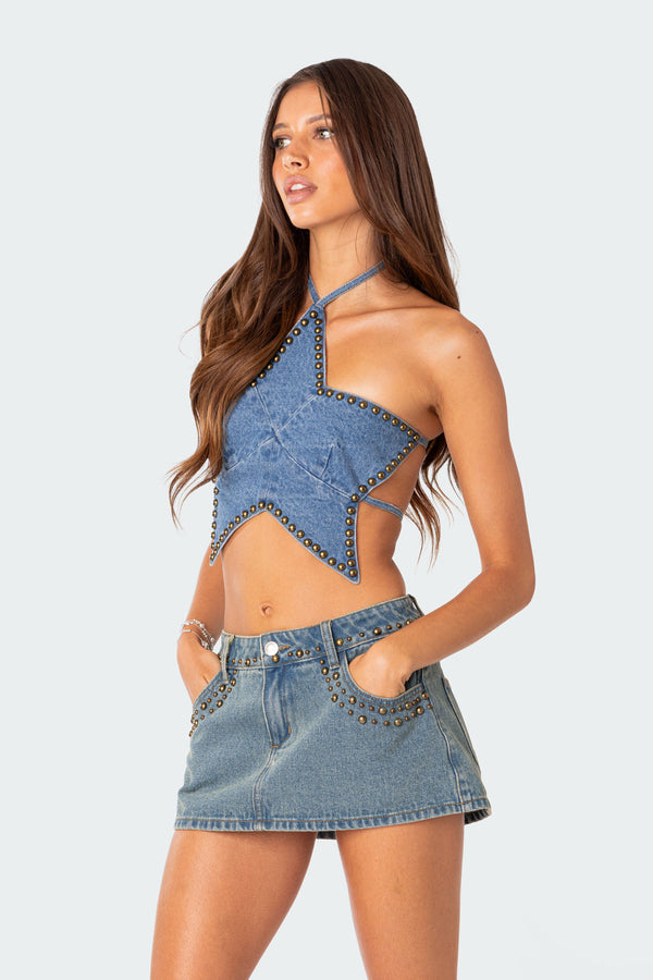 Edikted Starlet Studded Denim Crop Top Blue Washed