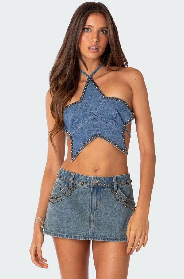edikted Starlet Studded Denim Crop Top blue washed