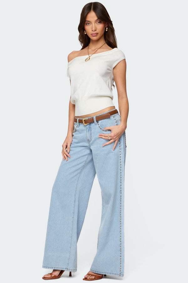 Edikted Stassie Studded Low Rise Jeans Light Blue
