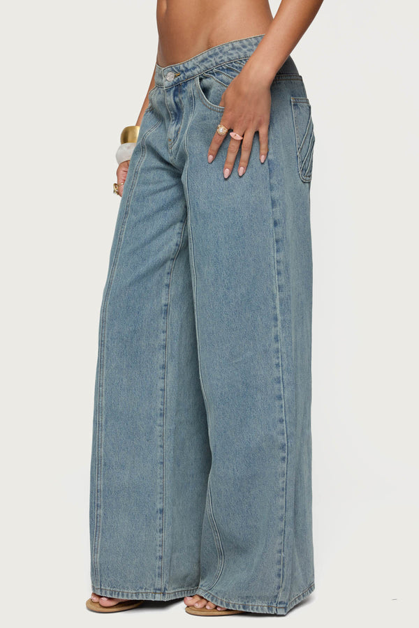Edikted Stitch & Pleat Low Rise Jeans Blue