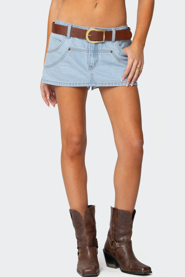 Edikted Stitched Up Denim Mini Skort Light Blue