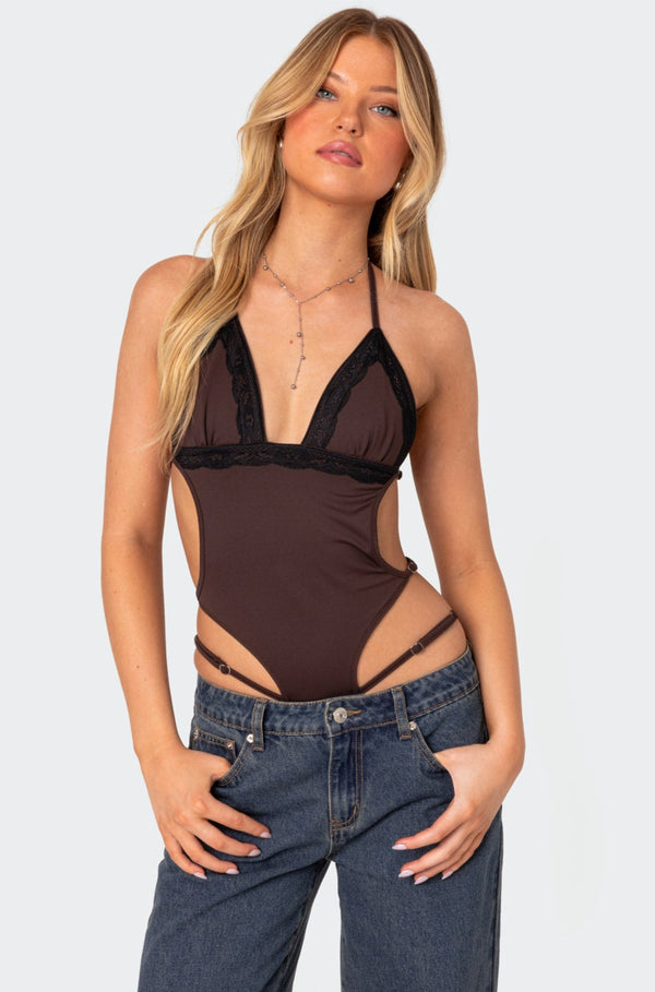 Edikted Strappy Lace Trim Bodysuit Brown
