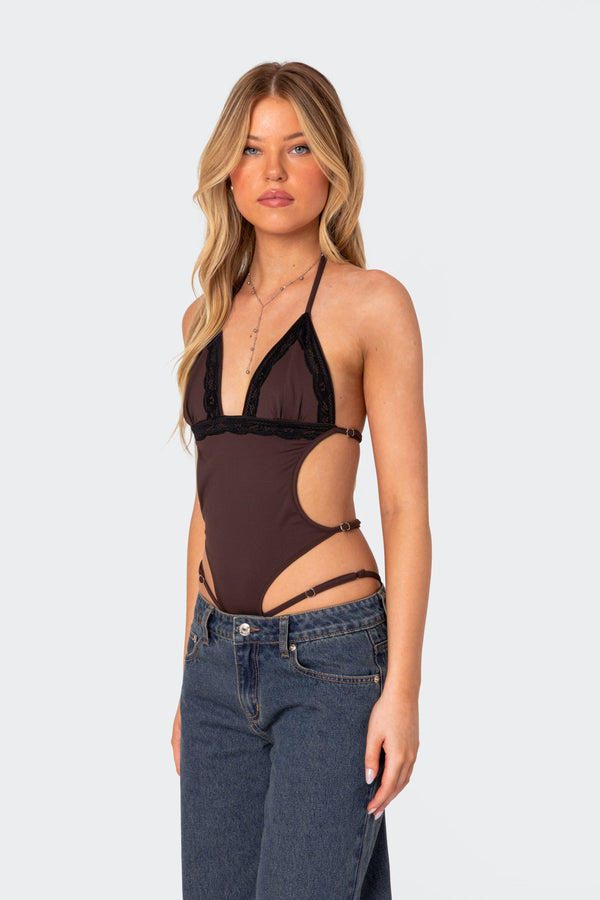 Edikted Strappy Lace Trim Bodysuit Brown