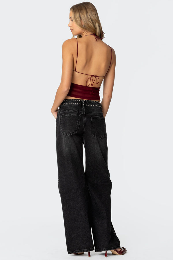 Edikted Strappy Ruched Mesh Top Burgundy