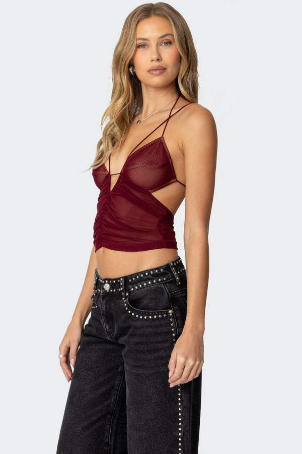 Edikted Strappy Ruched Mesh Top Burgundy