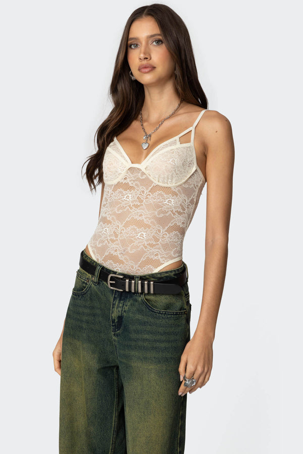 Edikted Strappy Sheer Lace Bodysuit Cream