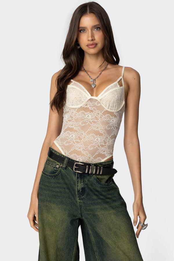 edikted Strappy Sheer Lace Bodysuit cream