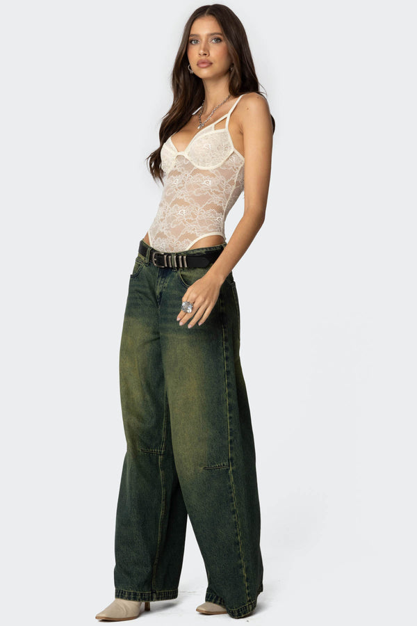 Edikted Strappy Sheer Lace Bodysuit Cream