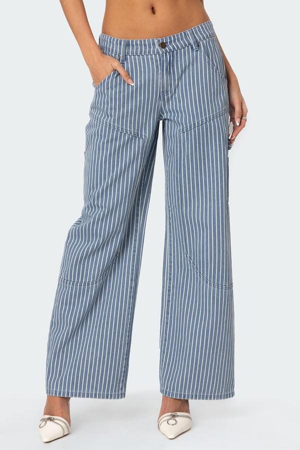 Edikted Striped Carpenter Jeans Blue And White