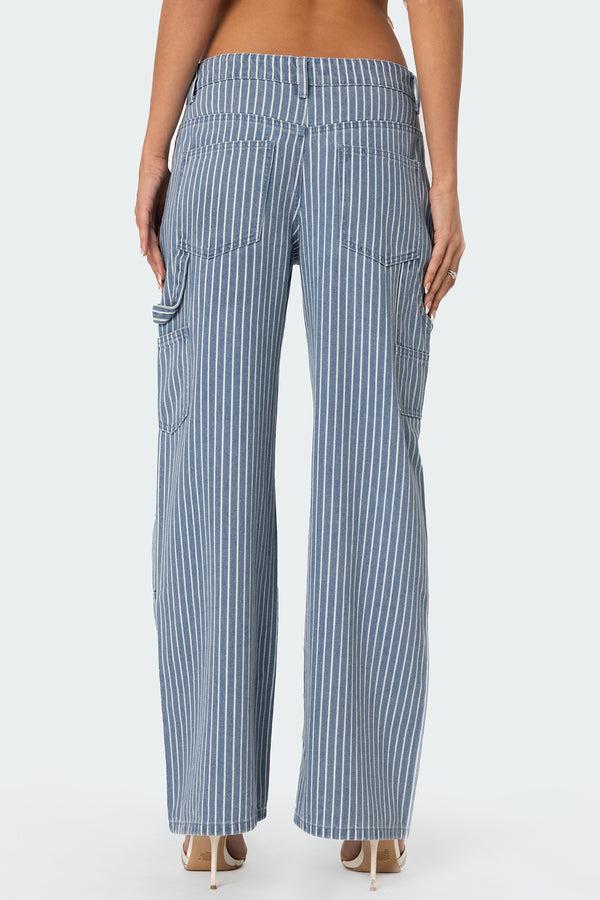 Edikted Striped Carpenter Jeans Blue And White
