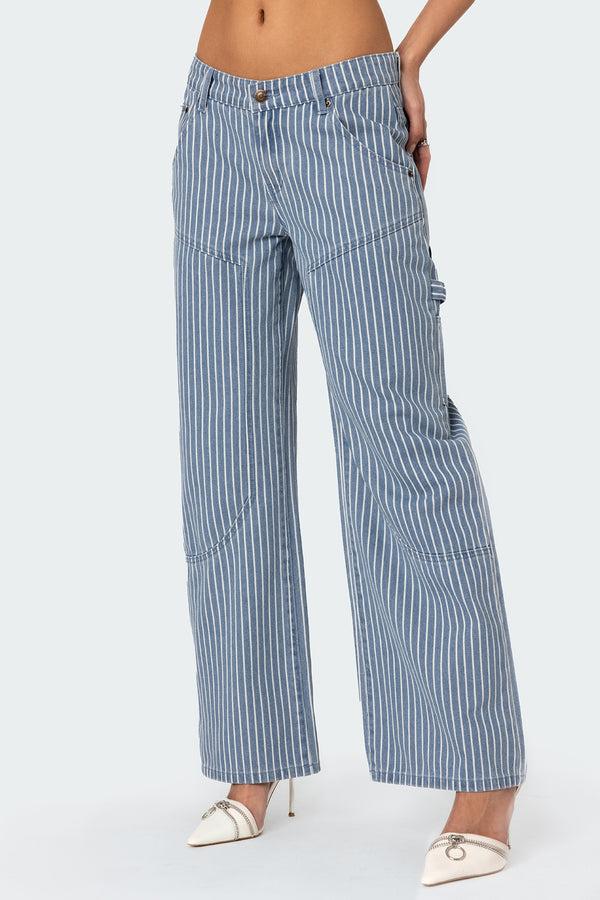 Edikted Striped Carpenter Jeans Blue And White