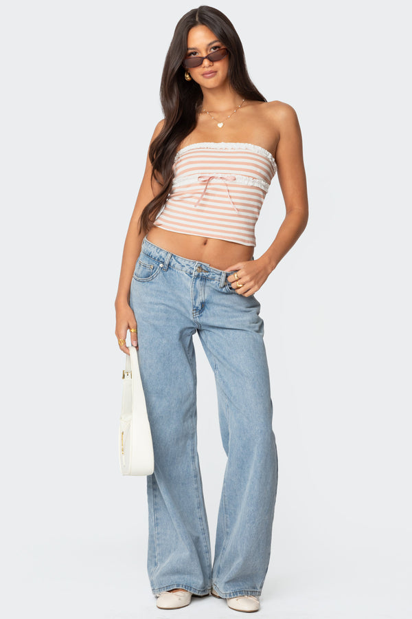 Edikted Striped Eyelet Trim Tube Top Pink